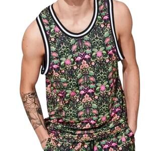 WeSC Flamingo Tropical Graphic Print Sleeveless Top Shirt Jersey Black Green M/L
